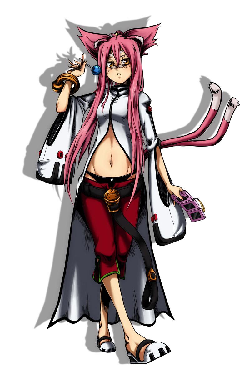 1girl :&lt; animal_ears arc_system_works bell belt black_panties blazblue bracelet candy capri_pants cat_ears cat_tail female_focus food glasses groin highres jewelry kokonoe_(blazblue) lollipop long_hair midriff multiple_tails panties pants pince-nez pink_hair ponytail red_pants scientist solo tail tansan_otoko underwear yellow_eyes