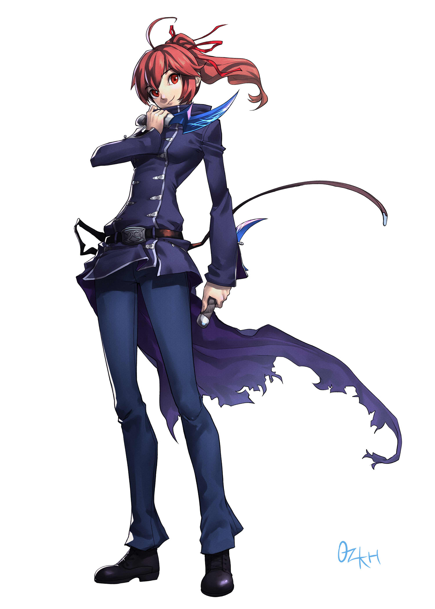1girl alternate_costume belt blazblue boots breasts celica_a._mercury coat commentary_request commission cosplay crossdressing crossdressing_(ftm) dagger dual_wielding female_focus full_body highres holding holding_dagger holding_knife holding_weapon knife long_hair looking_at_viewer ozkh pants ponytail red_eyes red_hair school_uniform seth_(under_night_in-birth) seth_(under_night_in-birth)_(cosplay) signature simple_background smile solo sword under_night_in-birth weapon white_background