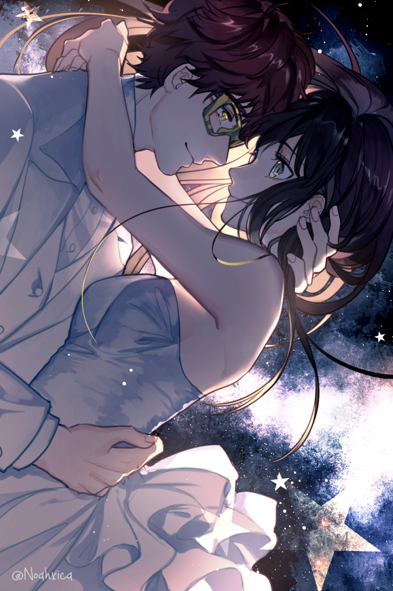 1boy 1girl 707_(susanghan_messenger) dress formal_clothes from_side hand_on_another&#039;s_waist hetero highres hug jacket long_hair looking_at_another noahxica protagonist_(susanghan_messenger) shirt short_hair star_(sky) star_(symbol) striped_glasses suit susanghan_messenger white_dress white_jacket white_shirt white_suit