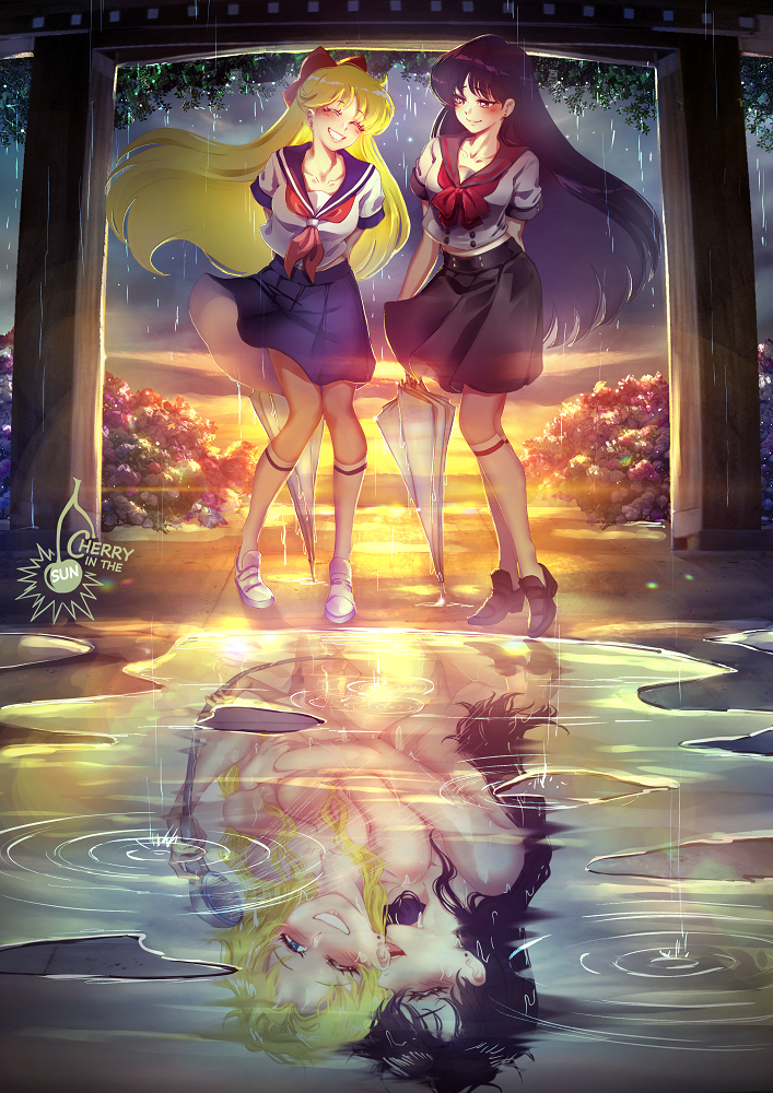 2girls aino_minako arms_behind_back artist_logo artist_name bishoujo_senshi_sailor_moon black_hair black_sailor_collar black_skirt blonde_hair blue_eyes blue_sailor_collar blue_skirt bow bowtie cherry_in_the_sun closed_eyes closed_umbrella commentary different_reflection english_commentary grey_shirt hair_bow hino_rei hug hug_from_behind kneehighs logo long_hair multiple_girls neckerchief nude one_eye_closed paid_reward_available puddle purple_eyes rain red_bow red_bowtie red_neckerchief reflection reflective_water sailor_collar school_uniform serafuku shiba_koen_middle_school_uniform shirt shower_head skirt smile socks ta_girls_school_uniform umbrella very_long_hair white_socks yuri