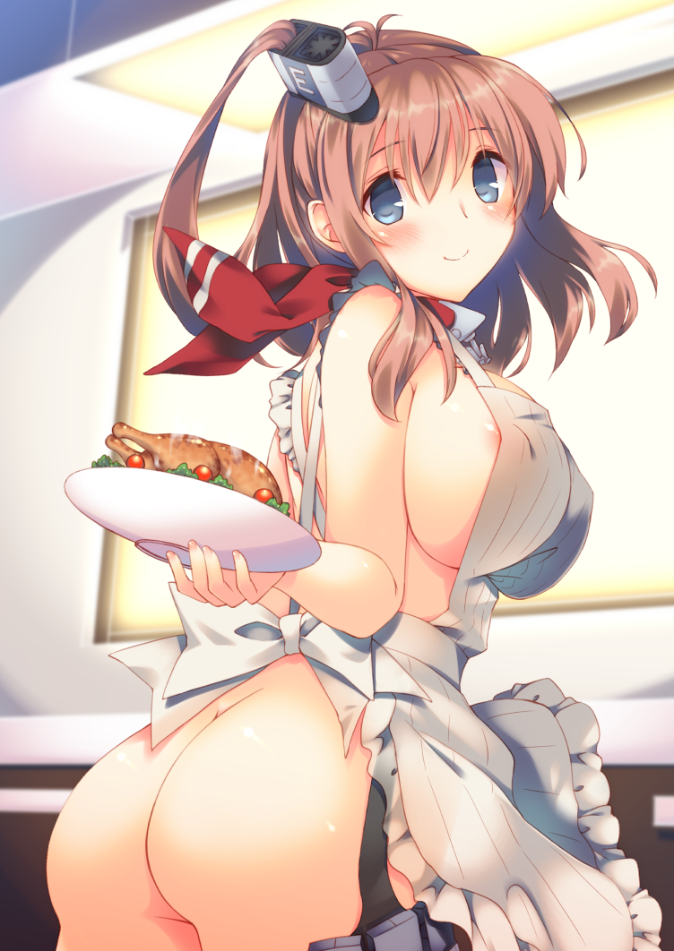 10s 1girl apron areola_slip ass blue_eyes breasts brown_hair chicken_(food) covered_erect_nipples cowboy_shot female_focus food frilled_apron frills from_side hair_between_eyes high_side_ponytail holding holding_dish holding_plate kantai_collection kitchen large_breasts lettuce looking_at_viewer looking_back mutsuno_hekisa naked_apron neckerchief plate saratoga_(kancolle) side_ponytail sideboob smile solo tomato
