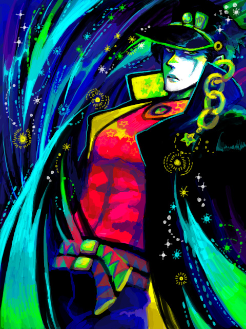 1boy abs belt colorful gakuran green_eyes hat jojo_no_kimyou_na_bouken kuujou_joutarou male_focus nosuke_(umiboshi) oekaki school_uniform skin_tight solo sparkle star_(symbol) tegaki