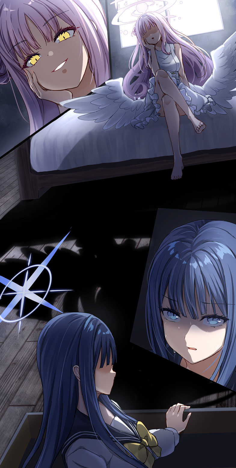 2girls angel_wings ass barefoot bed black_sailor_collar blue_archive blue_eyes blue_hair blue_halo dress feathered_wings frilled_dress frills hair_bun halo highres indoors long_hair long_sleeves merxkialis mika_(blue_archive) multiple_girls open_mouth pink_hair pink_halo sailor_collar saori_(blue_archive) school_uniform serafuku shaded_face single_side_bun sitting sleeveless sleeveless_dress smirk soles toes white_dress white_wings window wings wooden_floor yellow_eyes