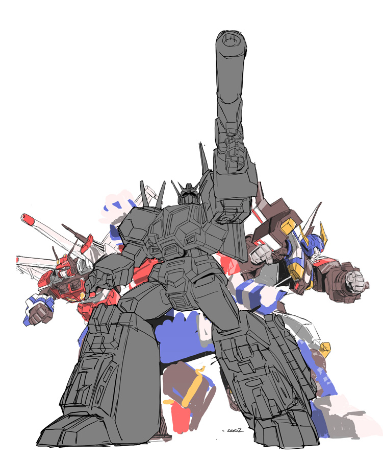 autobot blue_eyes clenched_hands dai_atlas gun holding holding_gun holding_weapon makoto_ono mecha no_humans robot running science_fiction shoulder_cannon sketch star_convoy star_saber_(transformers) transformers transformers:_return_of_convoy transformers_victory transformers_zone unfinished weapon white_background