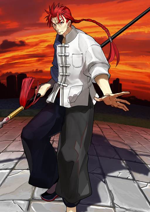 1boy black_eyes black_pants black_shoes braid chinese_clothes closed_mouth fate/grand_order fate_(series) fighting_stance foot_out_of_frame hair_tie holding holding_polearm holding_weapon li_shuwen_(fate) li_shuwen_(young)_(fate) li_shuwen_(young)_(first_ascension)_(fate) long_hair looking_at_viewer male_focus no_socks official_art pankou pants polearm puffy_pants qiang_(weapon) red_hair shirt shoes single_braid solo spear third-party_source three-quarter_sleeves v-shaped_eyebrows variant_set wada_arco weapon white_shirt