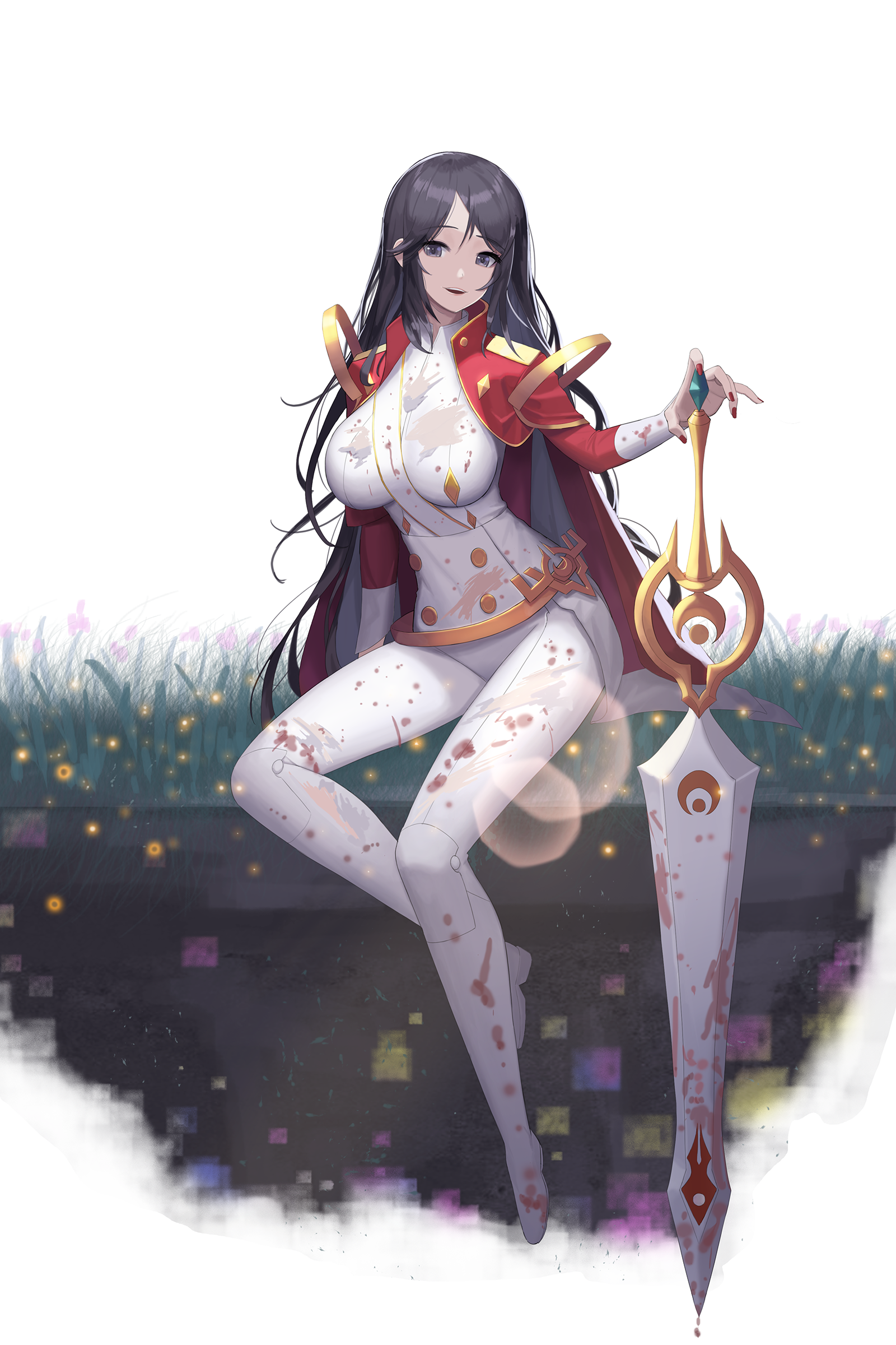 1girl absurdres adele_(maplestory) black_hair commission dirt fireflies full_body grass grey_hair highres holding holding_sword holding_weapon jacket long_hair long_sleeves lud maplestory open_mouth red_jacket red_nails solo sword teeth uniform upper_teeth_only very_long_hair weapon white_background