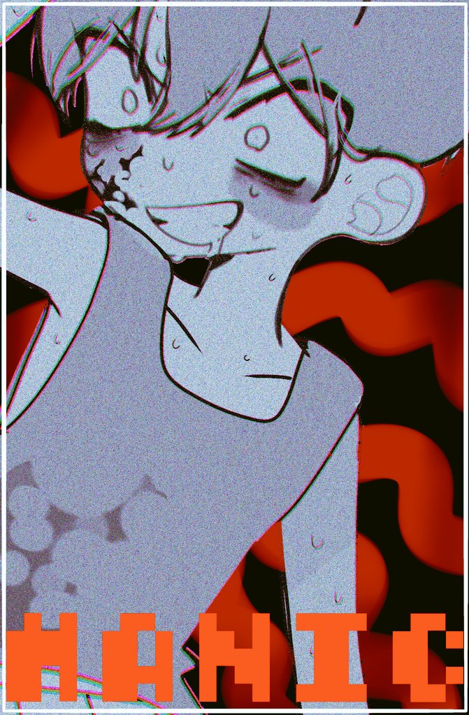 1boy blood blood_on_clothes blood_on_face collarbone constricted_pupils drooling grin hair_between_eyes kobanzame_omo mouth_drool omori omori_(omori) parted_lips partially_colored short_hair smile solo sweat tank_top teeth