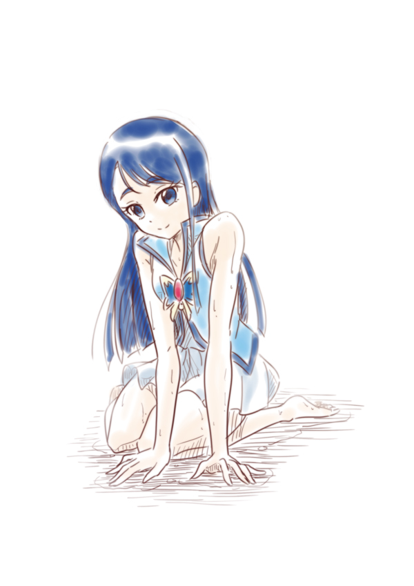 1girl adapted_costume barefoot blue_eyes blue_hair blue_shirt closed_mouth cosplay cure_aqua cure_aqua_(cosplay) female_focus full_body kneeling long_hair minazuki_karen miniskirt nita_(onakatohoppe) pleated_skirt precure shirt simple_background skirt sleeveless sleeveless_shirt smile solo straight_hair swept_bangs very_long_hair white_background white_skirt yes!_precure_5