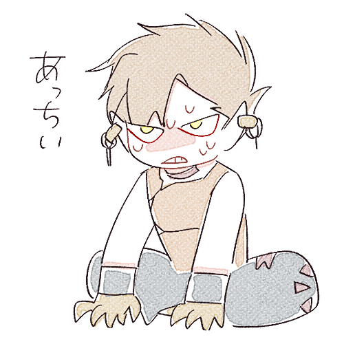1boy arne_no_jikenbo asymmetrical_bangs baggy_pants bare_shoulders black_pants black_wrist_cuffs blonde_hair brown_choker brown_gloves brown_shirt choker claws clenched_teeth commentary_request deformed earrings embarrassed full_body gloves jewelry looking_ahead lowres male_focus nachzehrer nervous_sweating pants pointy_ears shirt short_hair shuntaro_(tya_nya0000) simple_background sitting sleeveless sleeveless_shirt solo sweat teeth v-shaped_eyebrows white_background wrist_cuffs yellow_eyes