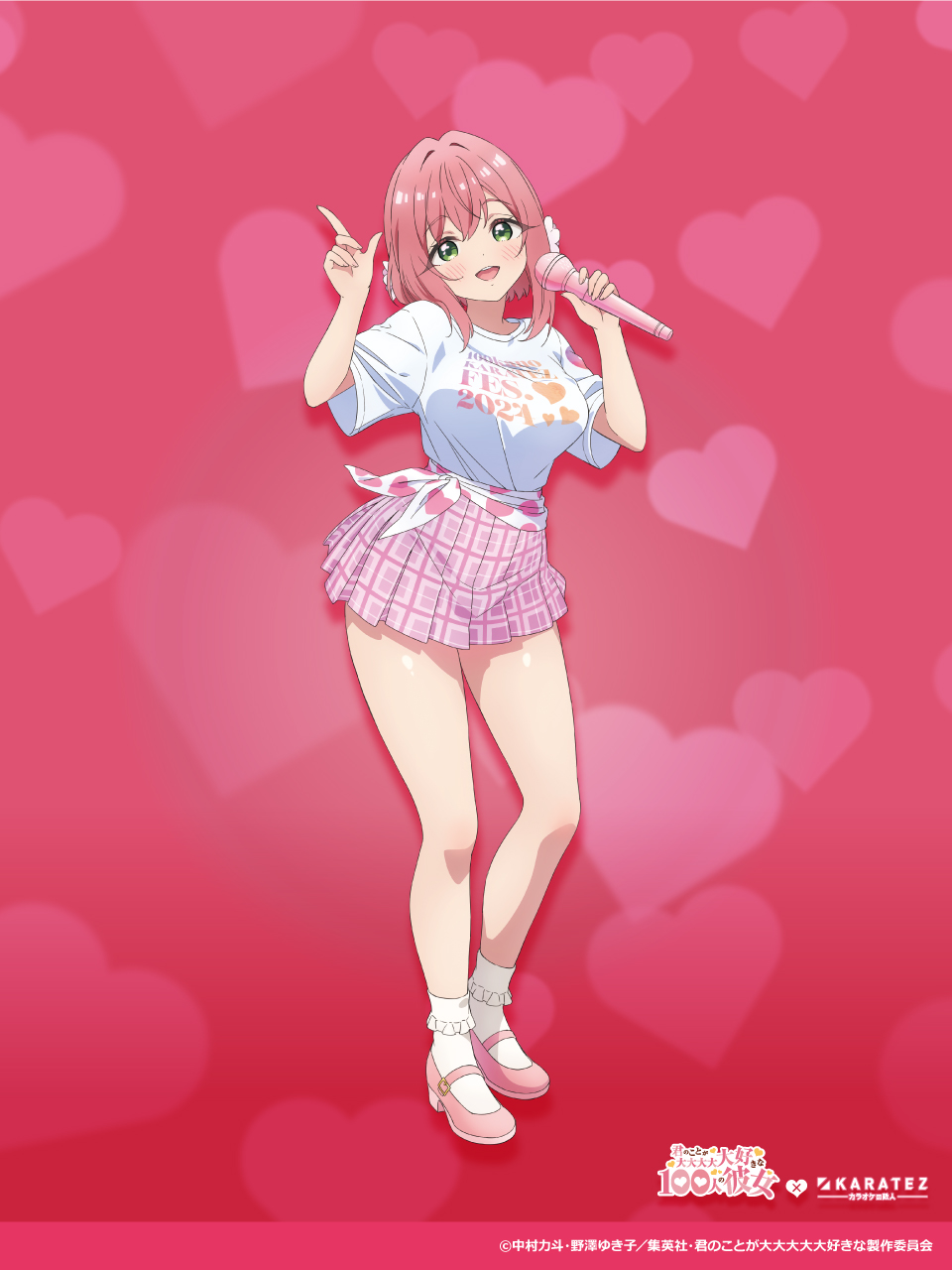 1girl 2024 :d ankle_socks artist_request blush bow breasts clothes_writing commentary_request copyright_name copyright_notice dot_nose eyelashes eyes_visible_through_hair fingernails flower full_body gradient_background green_eyes hair_between_eyes hair_flower hair_intakes hair_ornament hanazono_hakari hands_up head_tilt heart heart_background heart_print highres holding holding_microphone index_finger_raised kimi_no_koto_ga_dai_dai_dai_dai_daisuki_na_100-nin_no_kanojo logo long_bangs looking_at_viewer mary_janes medium_hair microphone miniskirt official_art open_mouth pink_shoes pink_skirt plaid_clothes plaid_skirt pleated_skirt print_shirt purple_background sash sash_bow shirt shoes short_sleeves sidelocks skirt smile socks solo swept_bangs teeth thighs upper_teeth_only waist_bow white_bow white_flower white_sash white_shirt white_socks