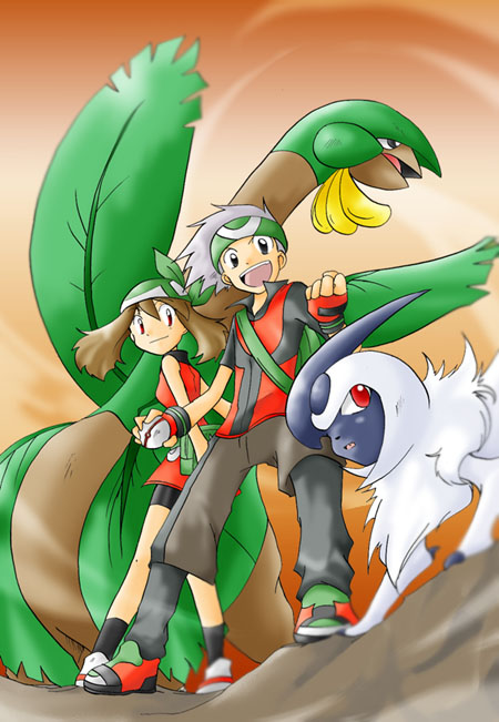 00s 1boy 1girl absol bandana bike_shorts brendan_(pokemon) brendan_(pokemon_emerald) brown_hair gen_3_pokemon green_bandana may_(pokemon) may_(pokemon_emerald) nintendo open_mouth pokemon pokemon_(anime) pokemon_(creature) pokemon_rse red_shirt shirt short_hair silver_hair sleeveless sleeveless_shirt smile standing teppo tropius