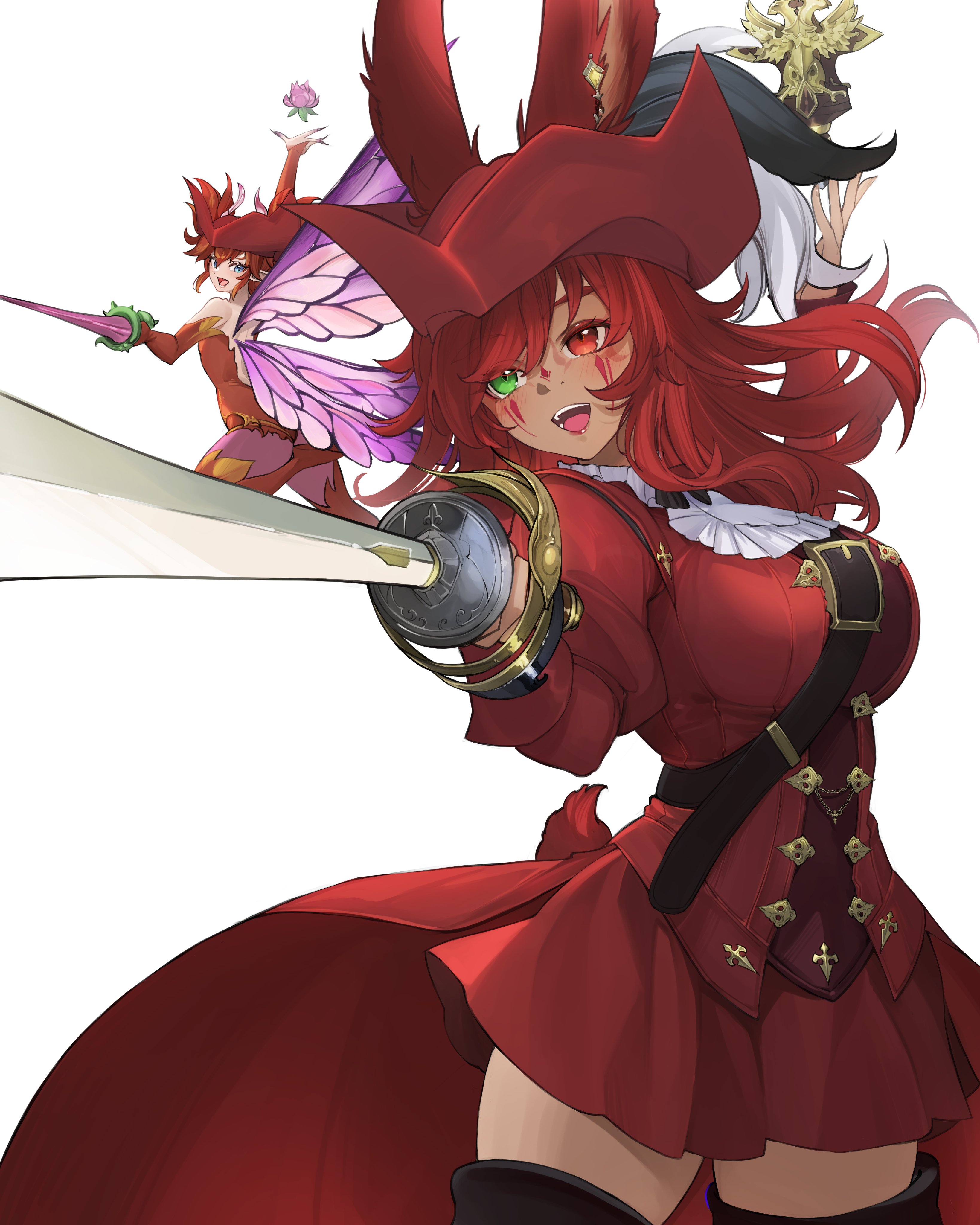 2girls absurdres animal_ears boots dark-skinned_female dark_skin facial_tattoo fairy feo_ul final_fantasy final_fantasy_xiv green_eyes hat heterochromia highres holding holding_sword holding_weapon long_hair multiple_girls open_mouth rabbit_ears rabbit_girl rabbit_tail rapier red_eyes red_hair red_hat red_mage_(final_fantasy) red_shirt red_skirt ritence shirt skirt sword tail tattoo thigh_boots viera warrior_of_light_(ff14) weapon white_background