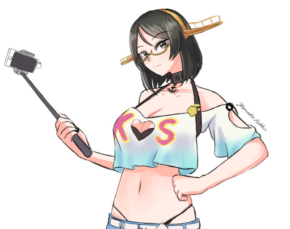 1girl anchor_choker artist_name azur_lane bikini_under_shorts black_hair breasts cellphone choker cleavage cosplay glasses hairband hand_on_own_hip historical_name_connection kantai_collection kirishima_(azur_lane) kirishima_(azur_lane)_(cosplay) kirishima_(kancolle) kirishima_(summery_audacity)_(azur_lane) looking_at_viewer name_connection navel off_shoulder official_alternate_costume one-hour_drawing_challenge phone rekka_yamato selfie_stick short_shorts shorts simple_background smartphone upper_body white_background