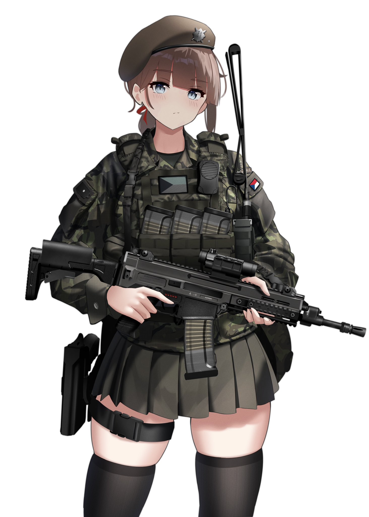 1girl assault_rifle beret black_thighhighs blue_eyes brown_hair brown_hat camouflage camouflage_jacket cz_805_bren czech_army czech_flag expressionless grey_skirt gun hat highres jacket looking_at_viewer military_uniform original rifle rynn_(rynn_cube) skirt solo thighhighs weapon white_background woodland_camouflage zettai_ryouiki