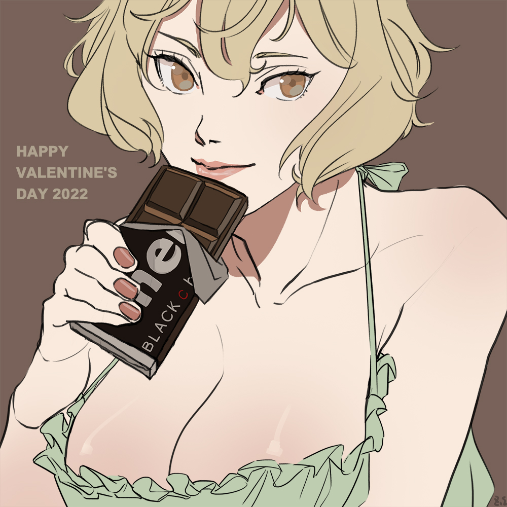 1girl 2022 alternate_costume bikini blonde_hair breasts brown_background candy chocolate chocolate_bar cleavage closed_mouth commentary_request dated_commentary flat_color food genderswap genderswap_(mtf) green_bikini hair_between_eyes halterneck happy_valentine higekiri_(touken_ranbu) holding holding_chocolate holding_food large_breasts looking_at_viewer meiji_(brand) shiny_skin short_hair smile solo swimsuit touken_ranbu upper_body yellow_eyes zi_tsas
