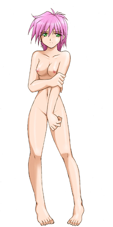 1girl arm_grab barefoot breasts covering_privates female_focus full_body green_eyes kaiga navel nipples nude nude_cover pink_hair short_hair simple_background smile solo standing tokimeki_memorial tokimeki_memorial_2 white_background yae_kaori