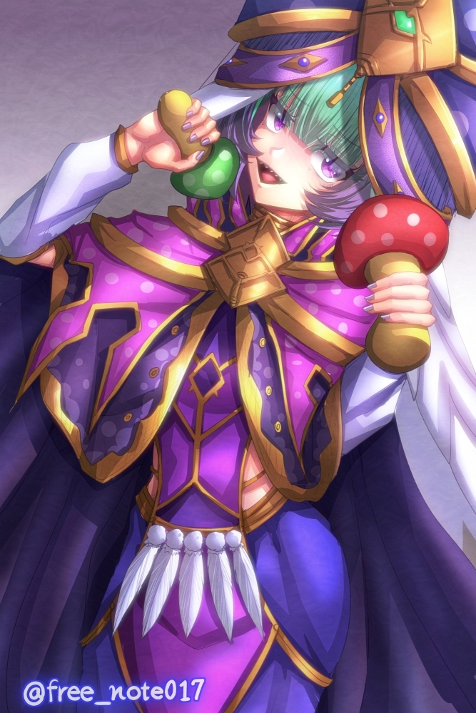 1girl breasts cloak commentary_request fate/grand_order fate_(series) free_note017 green_hair hat holding holding_mushroom locusta_(fate) locusta_(second_ascension)_(fate) looking_at_viewer multicolored_hair mushroom open_mouth purple_cloak purple_eyes purple_hair purple_nails sharp_teeth small_breasts solo teeth twitter_username two-tone_hair upper_teeth_only