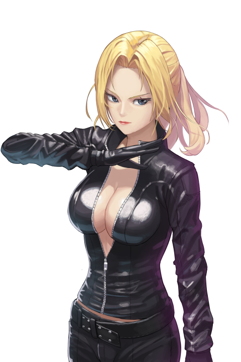1girl blonde_hair blue_eyes breasts cleavage female_focus large_breasts looking_at_viewer lud nina_williams no_bra skin_tight solo standing tekken
