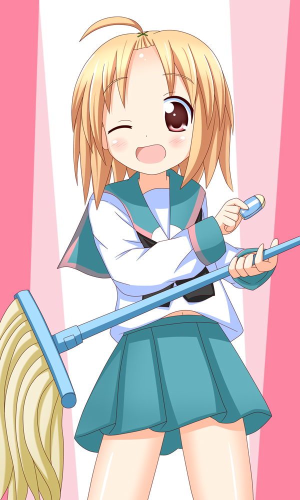 1girl a_channel blush brown_eyes brown_hair dot_nose eraser feet_out_of_frame holding holding_mop legs long_sleeves looking_at_viewer momoki_run mop one_eye_closed sailor_collar school_uniform serafuku shiny_skin shirt skirt solo standing white_shirt