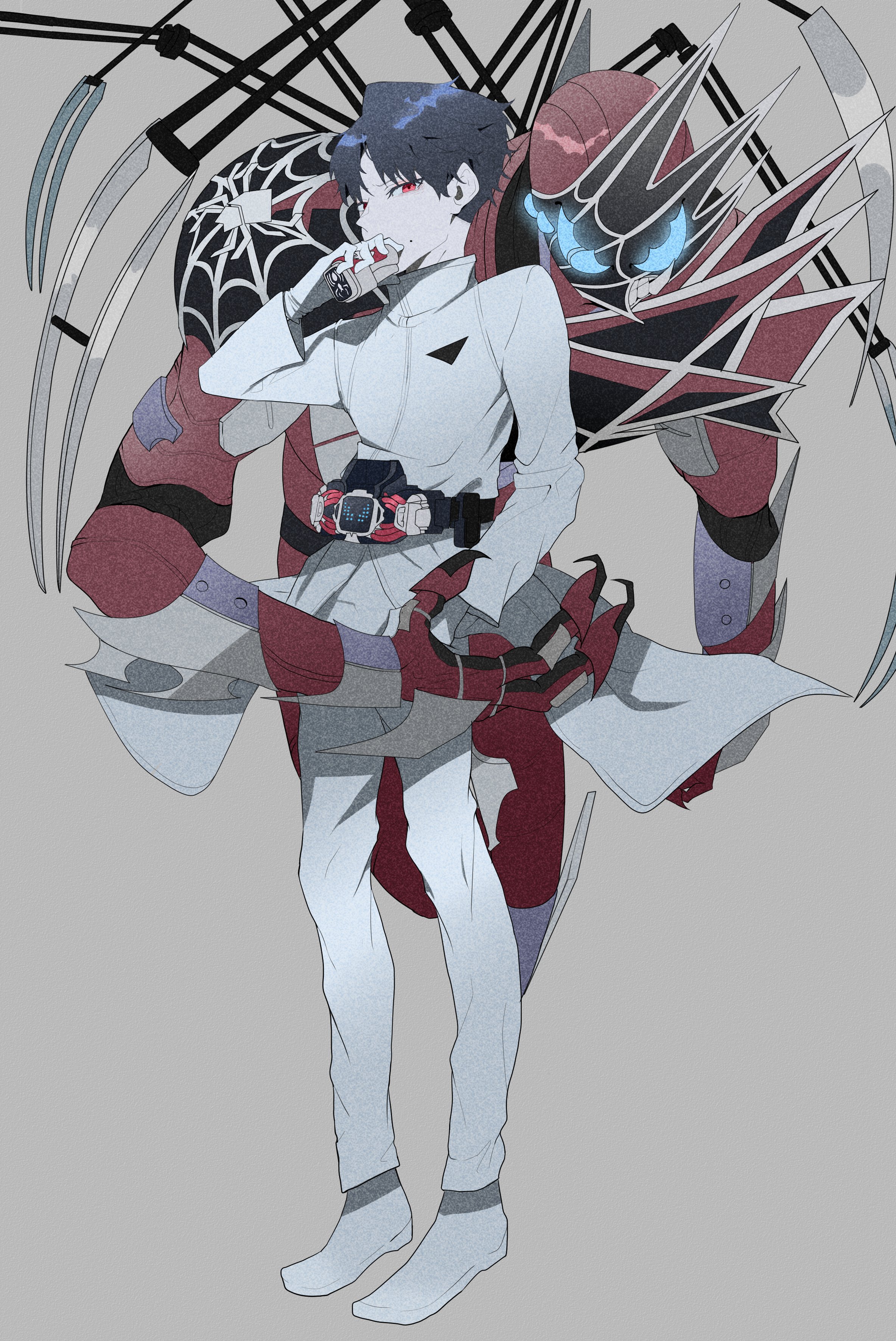 2boys absurdres aqua_eyes armor asymmetrical_armor black_armor blue_eyes demons_driver determined rider_belt dual_persona extra_eyes fenix_uniform gloves grey_background henshin highres jacket kadota_hiromi kamen_rider kamen_rider_demons kamen_rider_revice male_focus military military_uniform multiple_boys rider_belt silk spider_genome spider_web spider_web_print spirit spread_legs transformation umiu_c upper_body vest vistamp white_gloves white_jacket