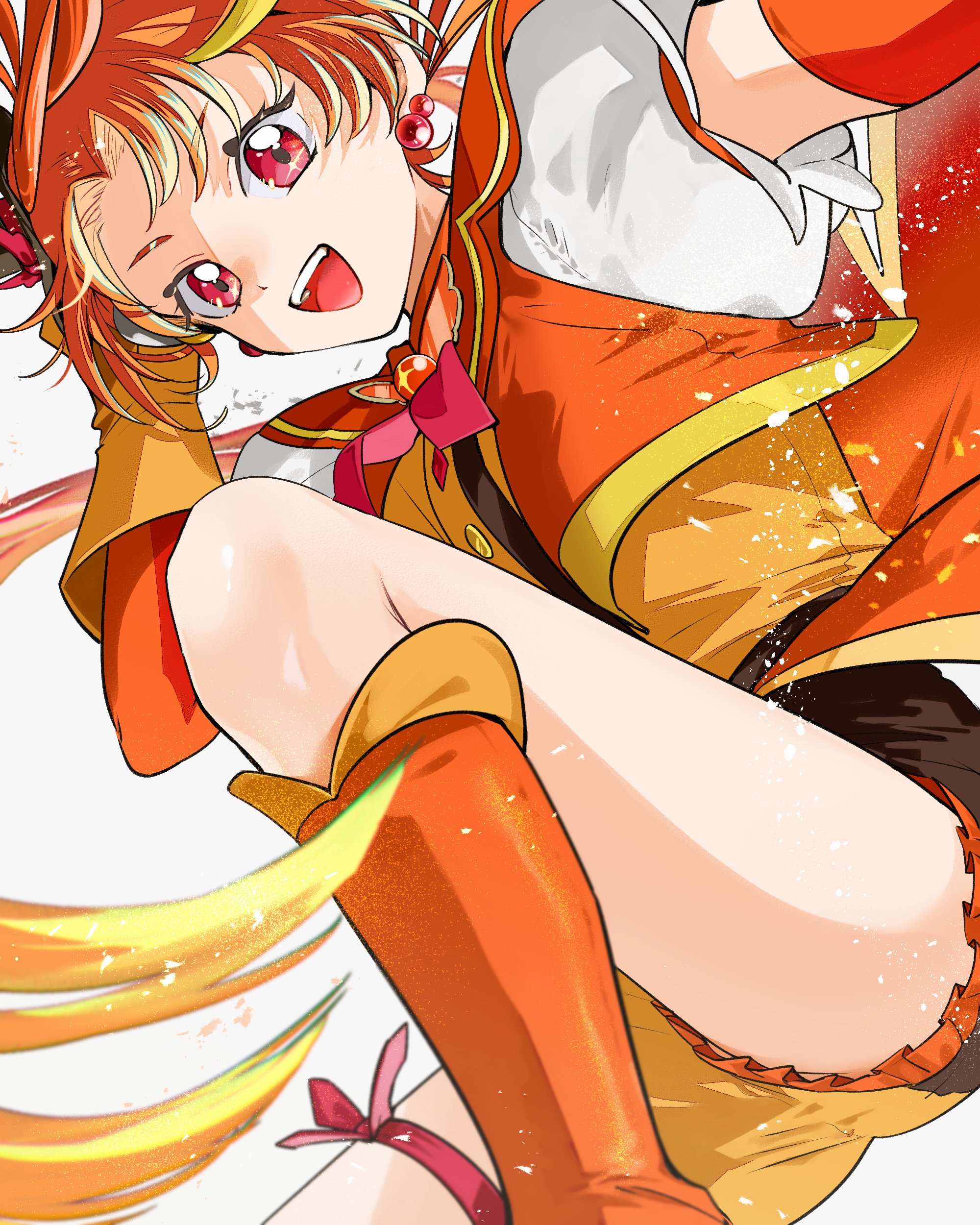 1boy absurdres arm_warmers asako_(itiba) black_hat boots brooch commentary cure_wing earrings gloves hat highres hirogaru_sky!_precure jewelry magical_boy mini_hat mini_top_hat multicolored_hair open_mouth orange_boots orange_gloves orange_hair orange_vest precure puffy_short_sleeves puffy_sleeves red_eyes shirt short_hair short_sleeves solo top_hat two-tone_hair two-tone_shorts vest white_background white_shirt wing_brooch yuunagi_tsubasa