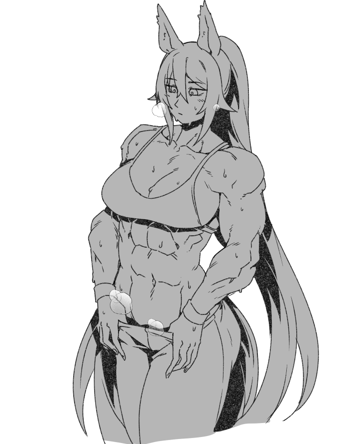 1girl abs animal_ears breasts cleavage commentary cowboy_shot hair_between_eyes horse_ears horse_girl horse_tail large_breasts leggings long_hair minew muscular muscular_female navel sidelocks simple_background solo split_ponytail sports_bra stomach symboli_kris_s_(umamusume) tail umamusume very_long_hair white_background wristband