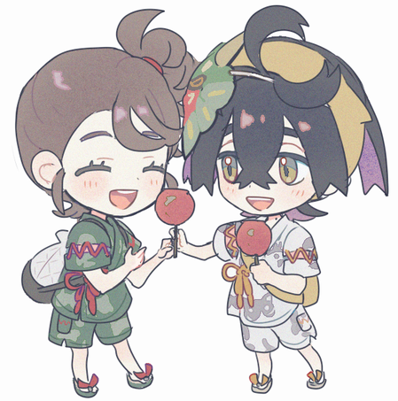 1boy 1girl :d blush brown_hair candy_apple chibi closed_eyes commentary_request eyelashes food green_footwear green_shirt green_shorts hair_between_eyes hairband happy holding juliana_(pokemon) kieran_(pokemon) lowres mask mask_on_head mxkjxm_(nhss2337) nintendo one_side_up open_mouth pokemon pokemon_sv sandals shirt short_sleeves shorts simple_background smile teeth tongue upper_teeth_only white_background white_shirt white_shorts yellow_hairband