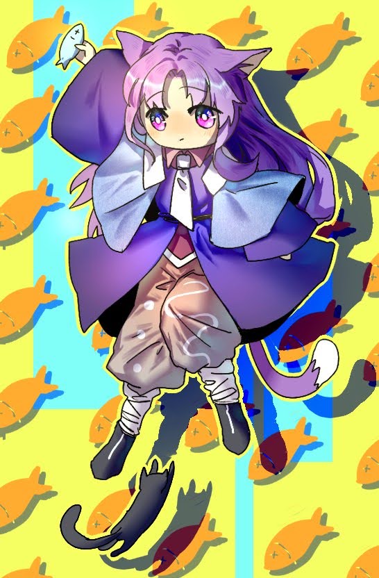 1other androgynous animal animal_ears arm_up bad_id bad_twitter_id bandaged_leg bandages black_cat black_shoes blue_capelet bright_pupils brown_pants capelet cat cat_ears cat_tail clause_(len&#039;en) closed_mouth coat collared_shirt expressionless eyelashes fish fish_background full_body holding holding_animal holding_fish kemonomimi_mode len&#039;en light_blush light_frown long_hair looking_at_animal necktie other_focus outline pants pink_shirt puffy_pants purple_coat purple_eyes purple_hair shadow shirt shoes solo tail very_long_hair wei_li white_necktie white_pupils yellow_background yellow_outline