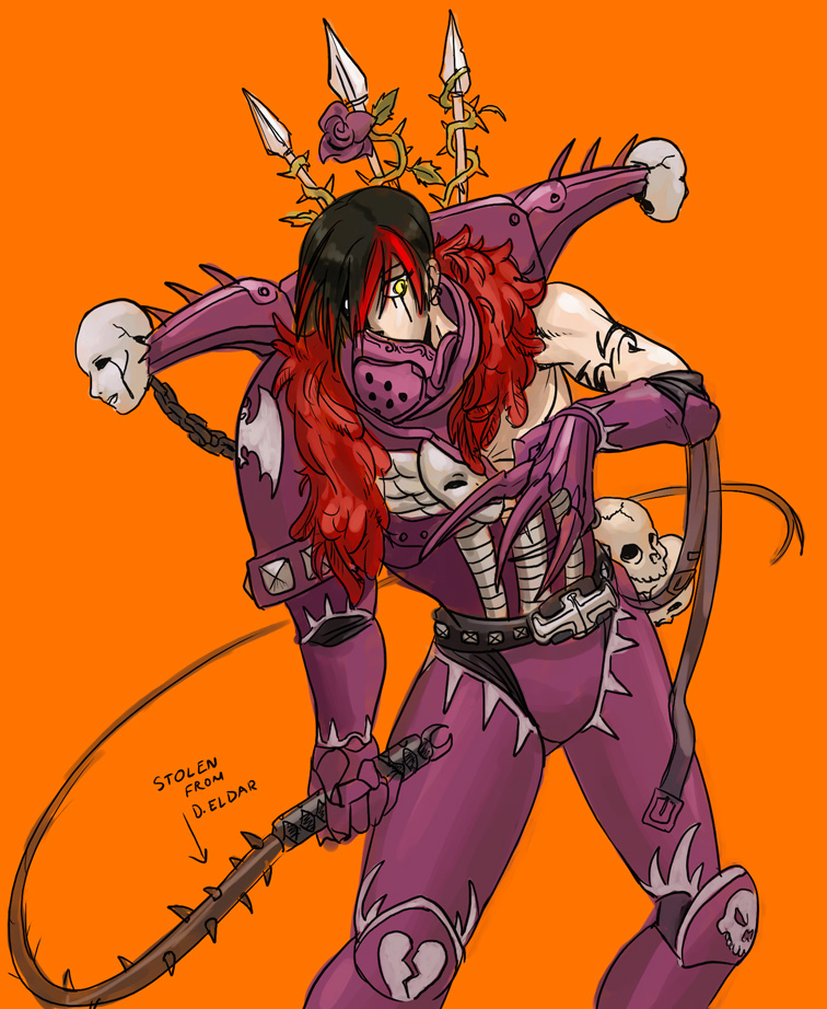 1boy adeptus_astartes armor armored_boots armored_gloves belt black_hair boots broken_armor chain chaos_space_marine claw_(weapon) claws earrings feather_trim flower gauntlets holding holding_whip jewelry knee_pads male_focus multicolored_hair non-web_source orange_background power_armor red_hair rose simple_background skull slaanesh_(cult) solo thorns two-tone_hair warhammer_40k weapon whip yellow_eyes