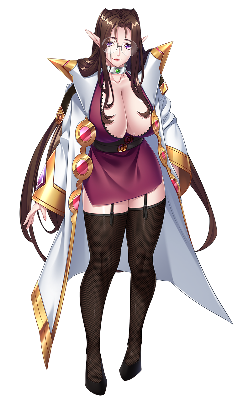 1girl breasts brown_hair cleavage coat collar elf elfen_king feet female_focus fishnet_thighhighs fishnets full_body game_cg garter_straps glasses high_heels highres hikage_eiji huge_breasts huracan large_breasts legs light_smile long_hair looking_at_viewer lune_(company) nana_g original pointy_ears purple_eyes ritos_(elfen_king) simple_background skirt smile solo standing tachi-e thighhighs thighs transparent_background zettai_ryouiki