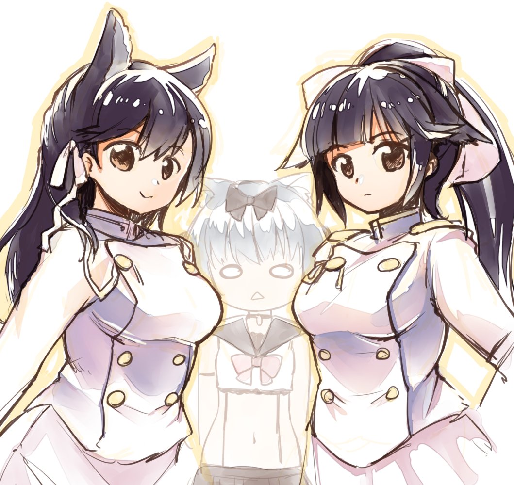 3girls animal_ear_fluff animal_ears atago_(azur_lane) azur_lane black_bow black_hair black_sailor_collar black_skirt blunt_bangs bow breasts brown_eyes buttons cat_ears closed_mouth commentary_request cowboy_shot crop_top dog_ears double-breasted emurin extra_ears frown hair_flaps jacket large_breasts long_hair looking_at_viewer midriff military military_uniform multiple_girls navel o_o ponytail sailor_collar school_uniform serafuku skirt smile suspenders swept_bangs takao_(azur_lane) triangle_mouth white_hair white_jacket white_skirt yukikaze_(azur_lane)