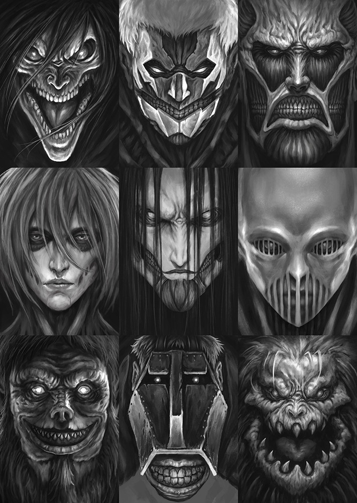 3girls 6+boys annie_leonhart armored_titan beast_titan bertolt_hoover black_hair blonde_hair cart_titan colossal_titan eren_yeager exposed_muscle facial_hair female_titan founding_titan giant glowing glowing_eyes greyscale grin helm helmet jaw_titan lara_tybur long_hair monochrome multiple_boys multiple_girls no_skin odwon pieck_finger porco_galliard reiner_braun rogue_titan sharp_teeth shingeki_no_kyojin smile teeth titan_(shingeki_no_kyojin) war_hammer_titan zeke_yeager