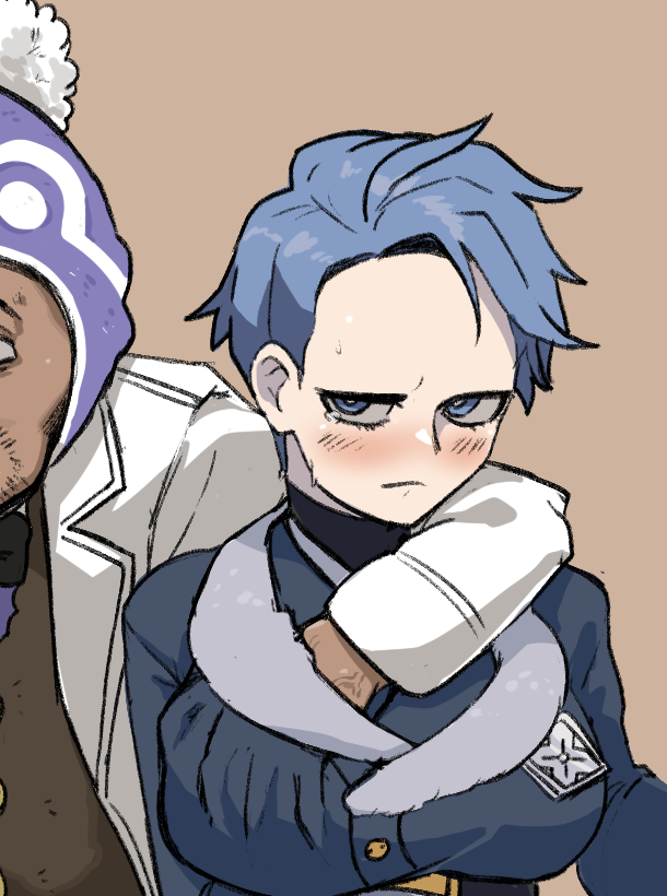 1boy 1girl beanie black_shirt blue_eyes blue_hair blush bright_pupils brown_vest closed_mouth coat commentary cyllene_(pokemon) dark-skinned_male dark_skin facial_hair gigobyte350 groping hand_in_jacket hat hetero jacket professor_laventon nintendo pokemon pokemon_legends:_arceus shirt short_hair vest white_coat white_pupils