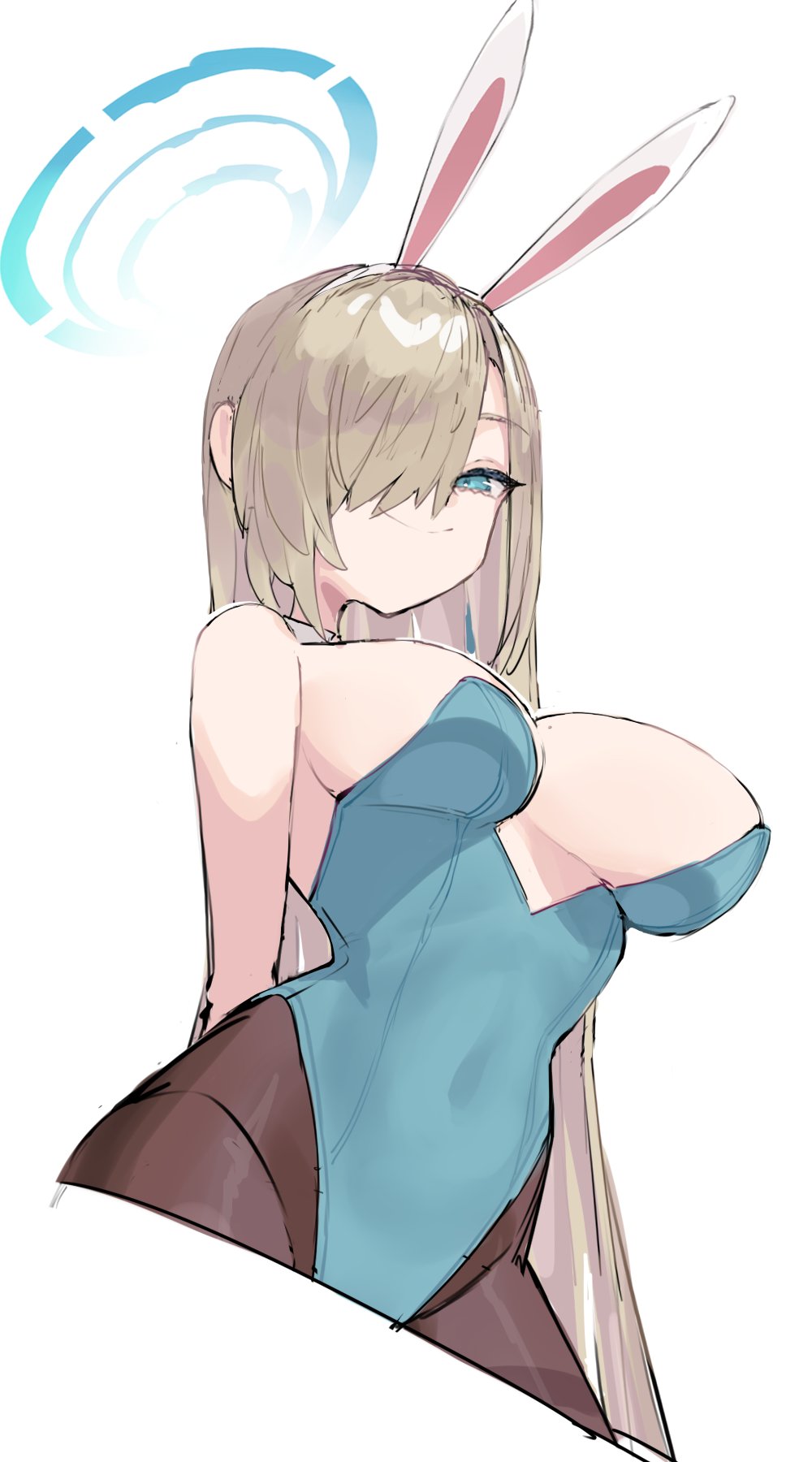 1girl animal_ears asuna_(blue_archive) asuna_(bunny)_(blue_archive) black_pantyhose blue_archive blue_eyes blue_halo blue_leotard breasts closed_mouth cowboy_shot cropped_legs fake_animal_ears grin halo highres large_breasts leotard light_brown_hair long_hair official_alternate_costume pantyhose playboy_bunny rabbit_ears scarlet23i0 simple_background smile solo strapless strapless_leotard white_background