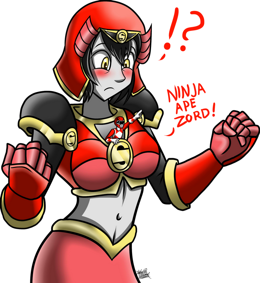 !? 1boy 1girl ape_ninjazord armor artist_request between_breasts black_hair blush bodysuit breasts colored_skin confused giant giantess gloves grey_skin helmet japanese_armor kabuto_(helmet) large_breasts looking_down midriff mighty_morphin_power_rangers mighty_morphin_red_ranger navel person_between_breasts personification pointing power_rangers red_bodysuit red_gloves red_helmet red_skirt rocky_desantos short_hair shoulder_pads skirt transparent_background tyranno_ranger white_gloves yellow_eyes