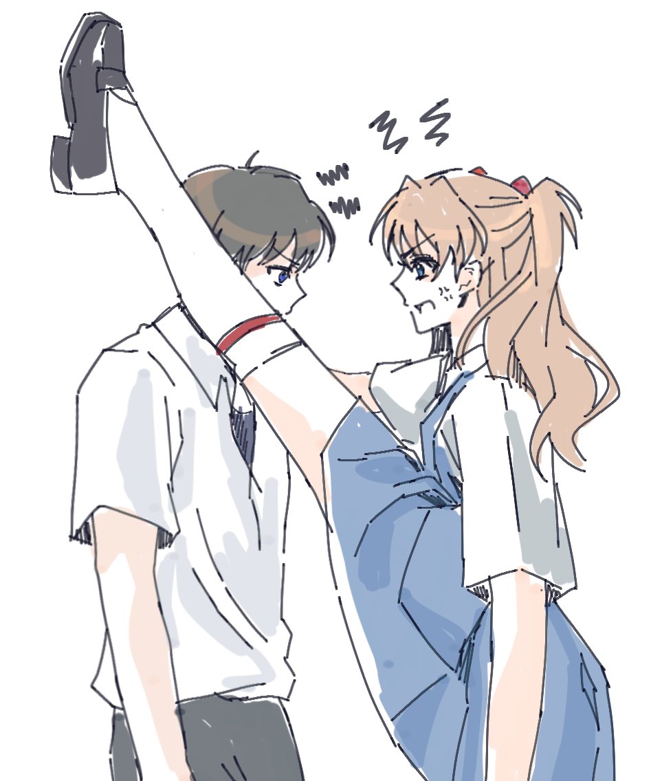 1boy 1girl anger_vein black_hair blue_eyes brown_hair clothes_lift flexible ikari_shinji interface_headset_(evangelion) komm_com00 leg_support leg_up long_hair looking_at_another neon_genesis_evangelion open_mouth restrained school_uniform sexually_suggestive shirt short_hair skirt skirt_lift souryuu_asuka_langley standing suspender_skirt suspenders tokyo-3_middle_school_uniform tsundere very_long_hair white_background white_shirt
