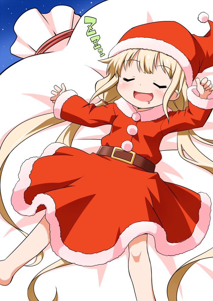 1girl akou_roushi belt blonde_hair christmas closed_eyes dress drooling fur-trimmed_dress fur_trim futaba_anzu hat idolmaster idolmaster_cinderella_girls long_hair long_sleeves low_twintails lying on_back open_mouth pom_pom_(clothes) red_dress red_hat sack santa_hat sky sleeping solo star_(sky) starry_sky twintails very_long_hair zzz