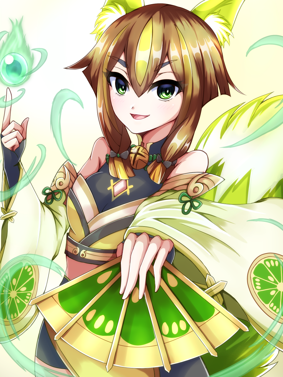 1girl animal_ear_fluff animal_ears asymmetrical_legwear bell blonde_hair bow braid breasts detached_sleeves duel_monster fox_ears fox_girl fox_tail gem green_background green_eyes hair_between_eyes hair_bow hair_ornament hand_fan highres holding holding_fan hu-li_the_jewel_mikanko japanese_clothes long_sleeves looking_at_viewer mandarin_orange_slice medium_breasts midriff miko neck_bell nontraditional_miko open_mouth short_hair simple_background smile solo tail twin_braids wind yu-gi-oh! yukti555