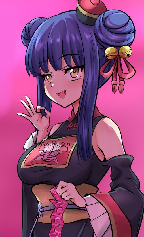 1girl bare_shoulders blue_hair blush breasts chinese_clothes condom double_bun fang fellatio_gesture hair_bun holding holding_condom jashin-chan_dropkick kyon-kyon_(jashin-chan_dropkick) large_breasts looking_at_viewer open_mouth pink_background simple_background smile solo ufufuto yellow_eyes