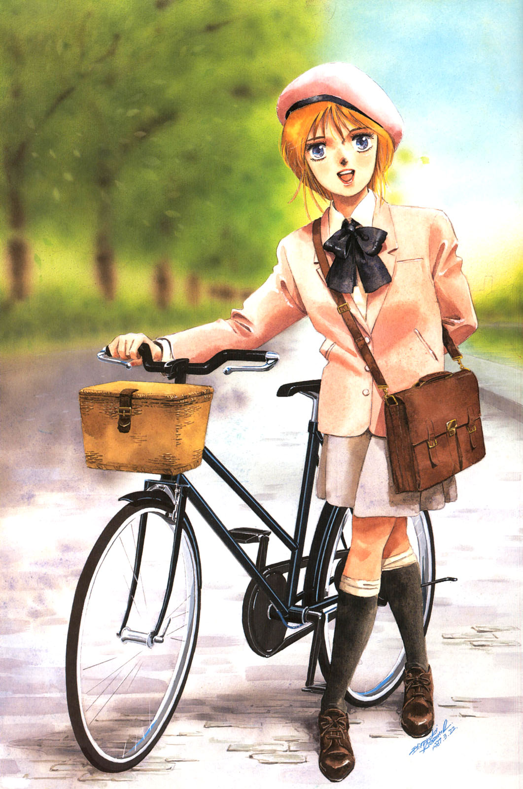 1980s_(style) 1girl :d arm_behind_back bag basket beret bicycle black_bow black_socks blazer blue_eyes blurry bow brown_shoes dated day depth_of_field elpeo_puru elpeple eyelashes faddawdle female_focus full_body gundam gundam_zz hat highres jacket kitazume_hiroyuki kneehighs lips lipstick long_sleeves looking_at_viewer makeup mascara oldschool open_mouth orange_hair outdoors pavement pushing_bicycle retro_artstyle road satchel shoes short_hair shoulder_bag signature skirt smile socks solo standing street vanishing_point white_skirt wing_collar