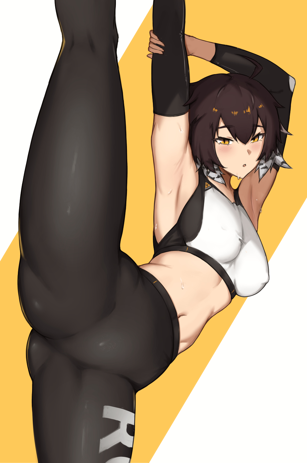 1girl arknights armpits arms_up bare_shoulders black_hair black_pants breasts clothes_writing commentary crop_top fangs_(fangs_art) highres leggings medium_breasts midriff navel pants plume_(arknights) plume_(easy_time)_(arknights) short_hair solo split sports_bra standing standing_on_one_leg standing_split stomach sweat thighs yellow_eyes