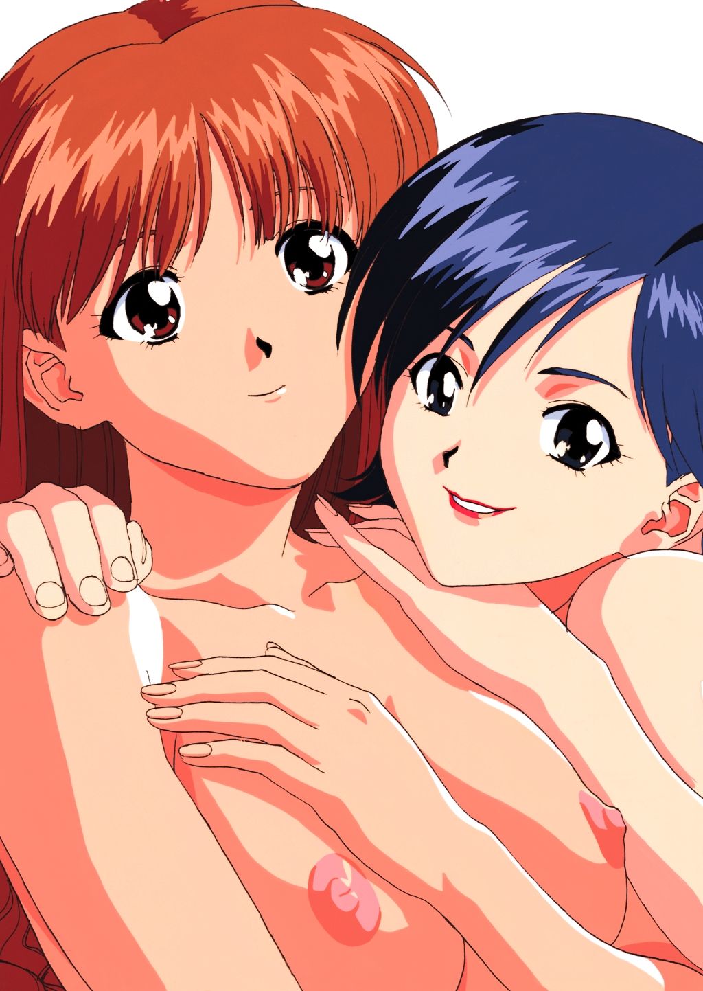 1990s_(style) 2girls asuka_(viper) blue_eyes blue_hair breasts brown_eyes brown_hair collarbone female_focus hand_on_breast hand_on_shoulder highres hug katsura_ken&#039;ichirou large_breasts lipstick long_hair looking_at_viewer makeup matching_hair/eyes miki_(viper) multiple_girls nipples nude official_art red_lips retro_artstyle short_hair smile sogna teeth viper_(series) viper_ctr white_background