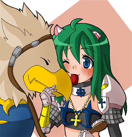 1girl animal_ears armor bikini_armor blue_eyes cat_ears cat_girl closed_mouth commentary_request cross cross_necklace cross_of_prontera flat_chest gauntlets green_hair griffin gryphon_(ragnarok_online) jewelry long_hair lowres monou0135 necklace one_eye_closed pauldrons petting ragnarok_online reins royal_guard_(ragnarok_online) shoulder_armor smile solo upper_body white_background