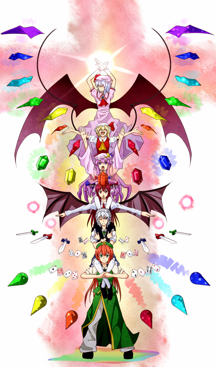 6+girls :d :o \m/ ^_^ arms_up ascot bad_id bad_pixiv_id bat_wings blonde_hair blue_eyes blue_hair blue_ribbon bow braid card carrying china_dress chinese_clothes closed_eyes colorful crescent cross crossed_arms crystal dress dress_shirt embodiment_of_scarlet_devil female_focus flandre_scarlet glowing green_eyes hair_bow happy hat head_wings highres hong_meiling human_tower izayoi_sakuya knife koakuma oversized_wings long_hair long_sleeves low_wings maid maid_headdress multiple_girls necktie one_eye_closed open_mouth outstretched_arms palm-fist_greeting pandora-ex pants patchouli_knowledge playing_card purple_dress purple_eyes purple_hair red_eyes red_hair red_ribbon remilia_scarlet ribbon shirt shoes short_hair short_sleeves shoulder_carry side_ponytail side_slit silver_hair simple_background sitting sitting_on_person skirt skirt_set smile sparkle spread_arms stacking star_(symbol) throwing_knife touhou twin_braids very_long_hair weapon white_legwear wide_sleeves wings wink wrist_cuffs