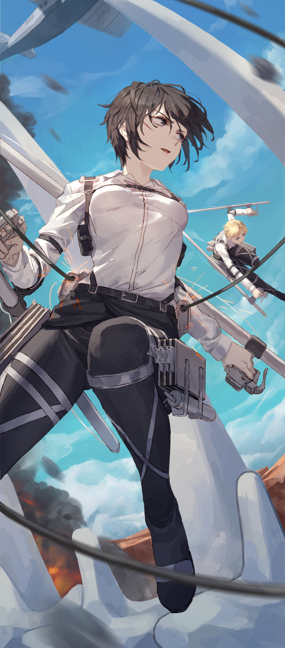 1boy 1girl aircraft airplane armin_arlert belt black_eyes black_hair black_pants blonde_hair blue_sky blurry breasts cloud day depth_of_field founding_titan highres mikasa_ackerman outdoors pants parted_lips rocket shingeki_no_kyojin shirt short_hair sky small_breasts smoke solo_focus sparks tesin_(7aehyun) three-dimensional_maneuver_gear thunder_spears titan_(shingeki_no_kyojin) weapon white_shirt wire