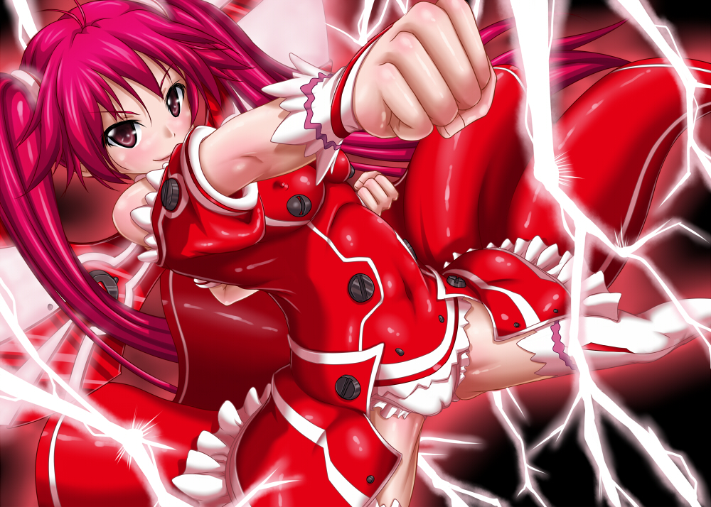 1girl blush cameltoe long_hair looking_at_viewer punching red_hair smile solo tenrai_(temple) thighhighs twintails vividred vividred_operation wings