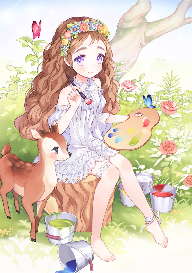 1girl ankle_ribbon bad_id bad_pixiv_id bare_shoulders barefoot bucket bug bush butterfly deer dress female_focus flower flower_wreath head_wreath insect jitter leg_ribbon long_hair off_shoulder original paint_can paint_palette paintbrush plant purple_eyes ribbon rose sitting smile solo thigh_strap tree_stump wavy_hair