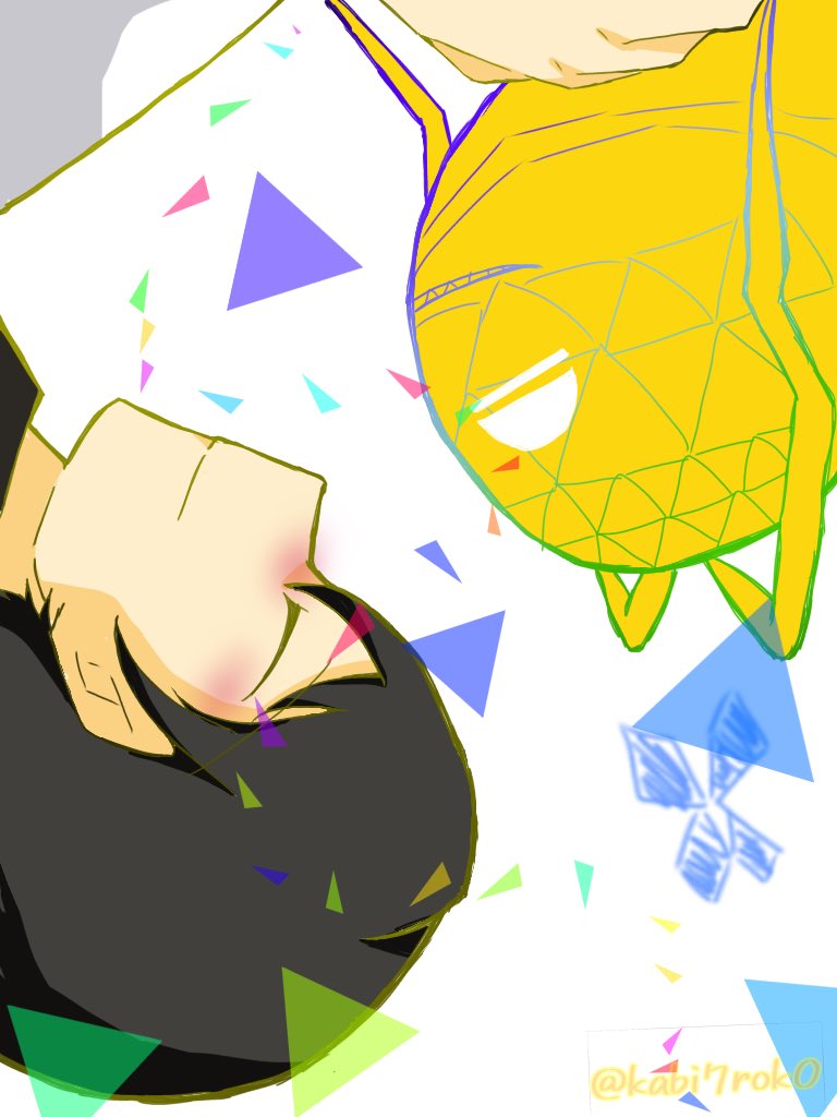 closed_eyes digimon digimon_rearise futami_eiji keramon looking_at_another sharp_teeth smile spiral_(digimon) teeth triangle
