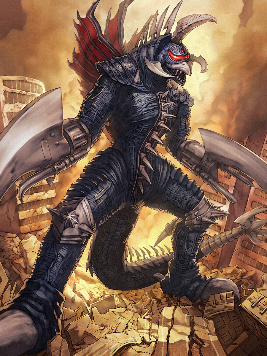 alien building buzzsaw_(tool) city cyborg destruction fins fire gigan glowing glowing_eyes godzilla:_final_wars godzilla_(series) highres kaiju mandibles no_humans one-eyed red_eyes road scythe skyscraper smoke space_monster tail toho trident_tail yagi2013
