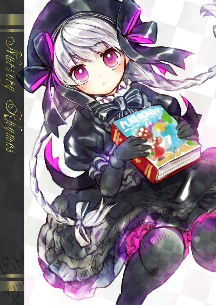 10s 1girl alice_(fate) book braid character_name fate/extra fate/grand_order fate_(series) female_focus hat highres nursery_rhyme_(fate) nursery_rhyme_(fate/grand_order) purple_eyes renta_(deja-vu) ribbon solo twin_braids white_hair